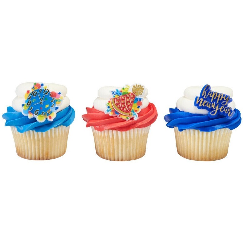 12 Happy New Years CUP CAKE RINGS TOPPERS PARTY FAVOR PINATAS GOODY PRIZES