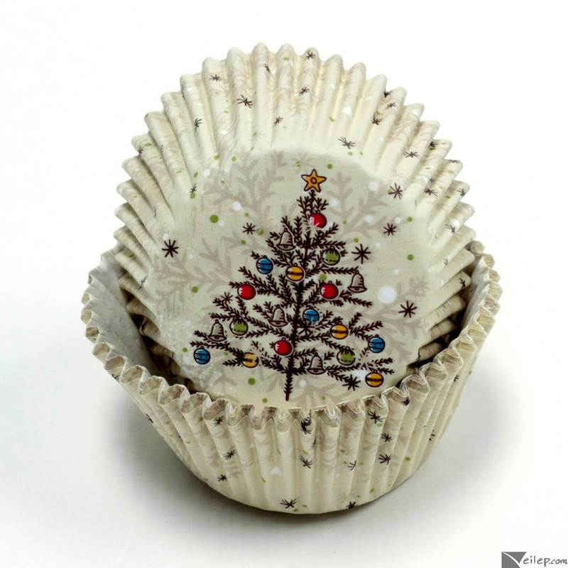 Festive Christmas Tree w Ornaments Standard Cupcake Liners, 50 CT, Off-White