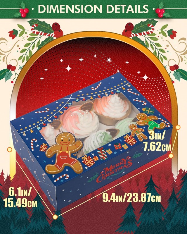 30 Pack 6-Cup Christmas Cupcake Boxes with Window 9.4x6.1x3 inch Carrier gallery
