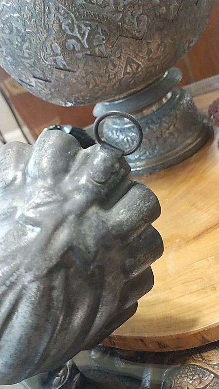 Vintage stamped tin primitive cake mold. looks like a squash? with ruffles gallery