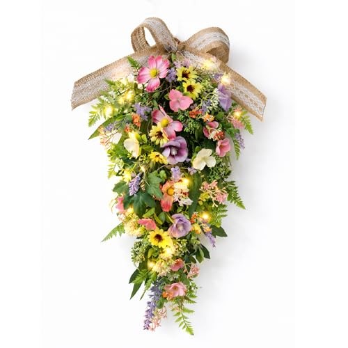 Spring Teardrop Swag for Front Door with LED Lights, Colorful Floral Swag