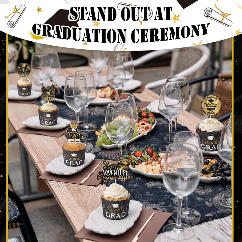96 PCS Graduation Cupcake Liners Toppers Set Black Gold Class Of 2026 Party gallery