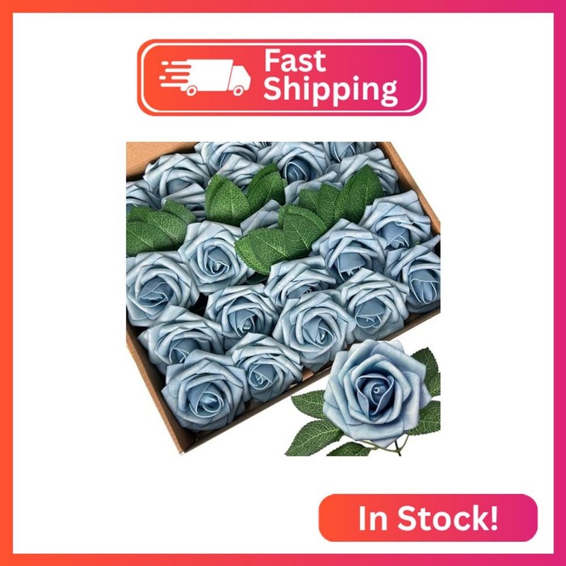25pcs Artificial Flowers Light Blue Foam Fake Rose with Stems 8 Leaves Real Look