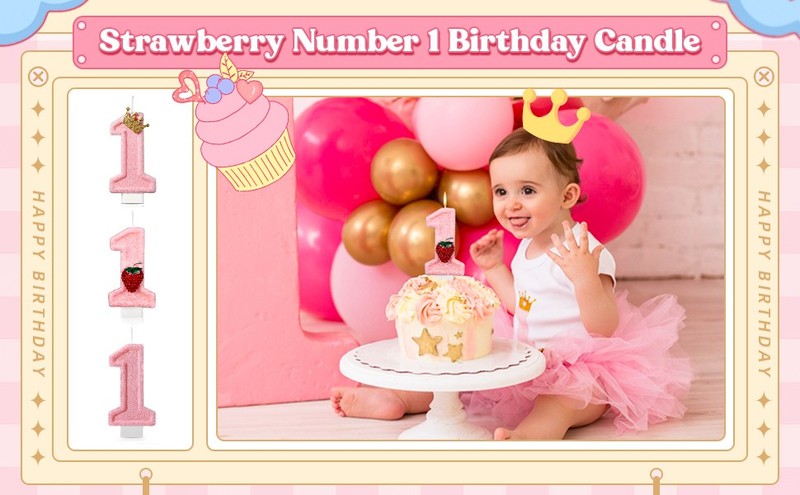 Strawberry 1 Candle for First Birthday Pink Number 1 Candle Berry One Glitter gallery