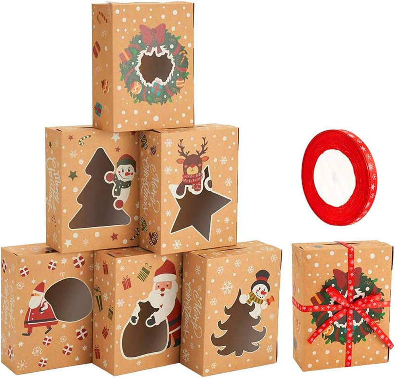 CCINEE Christmas Cookie Boxes,Kraft Treat Box with Window Ribbons for Bakery Can