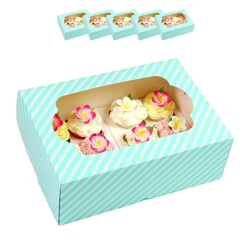 5-Count 14x10x4 inch Cake Cupcake Box Blue Stripe with Window and Insert
