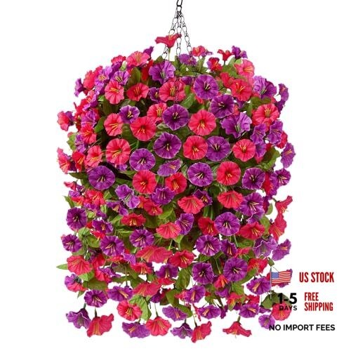 Artificial Faux Hanging Flowers Plants Baskets for Outdoor Spring – Red Purple