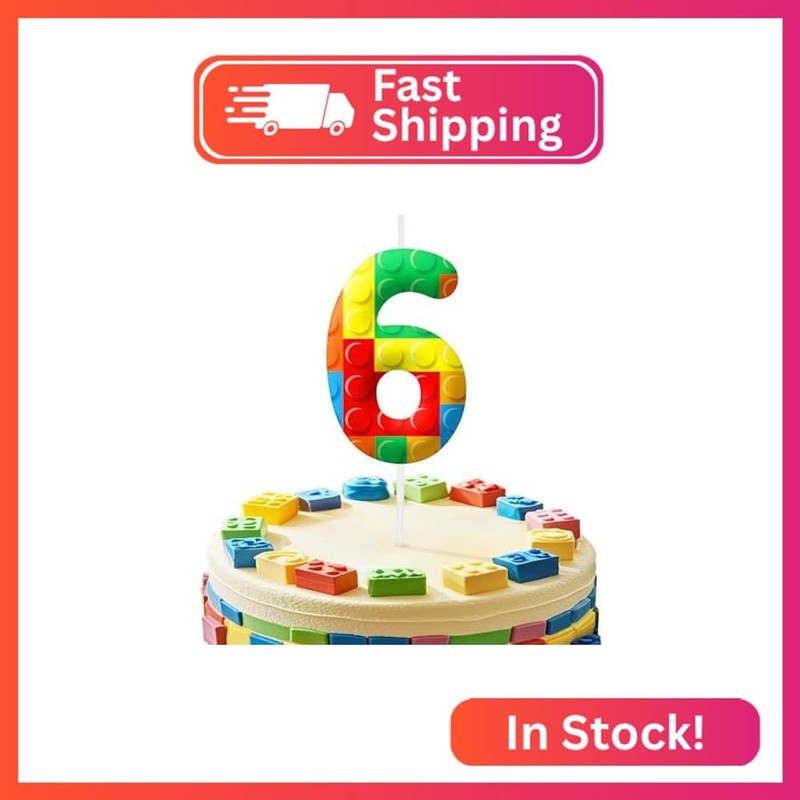 Building Block 6th Birthday Candles, Number 6 Candle Cake Topper for Building Bl