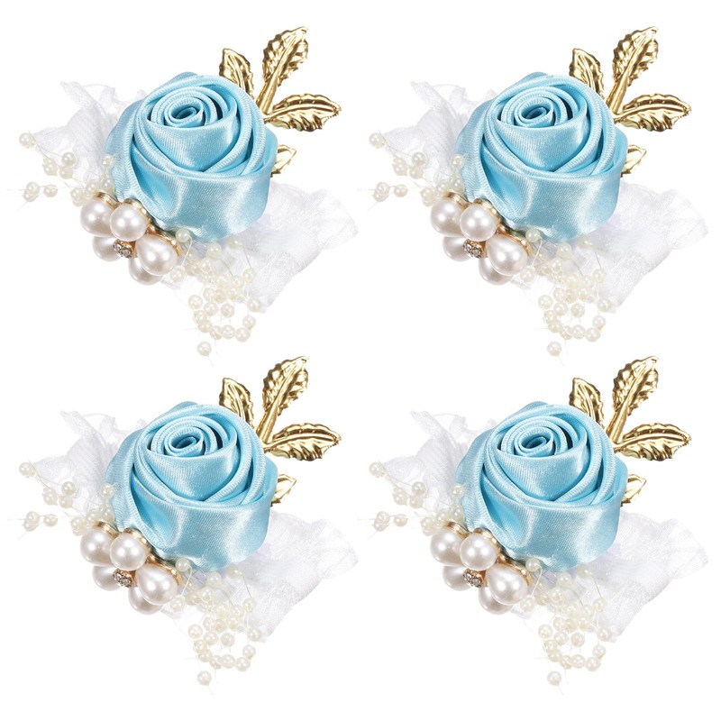4pcs Wrist Corsage Artificial Flower Bracelets Rose Decorative 7x7cm Sky Blue