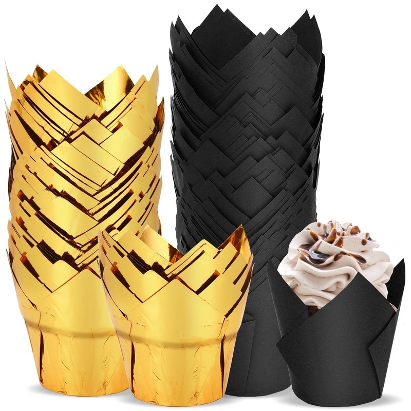 60 PCS Black Gold Tulip Cupcake Liners Paper Baking Cups Muffin Wrappers