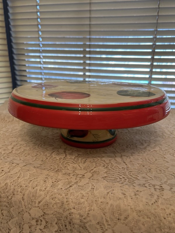 Reversible Ceramic Chip & Dip/Cake Stand Red Green Garden Vegetables 11 1/2″