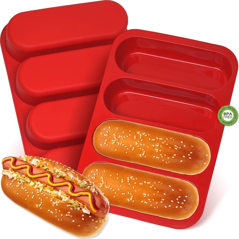 Silicone Hotdog Bun Pan, 6 Inch Standard Hot dog Mold, 6 inch, 2 Pcs, Red