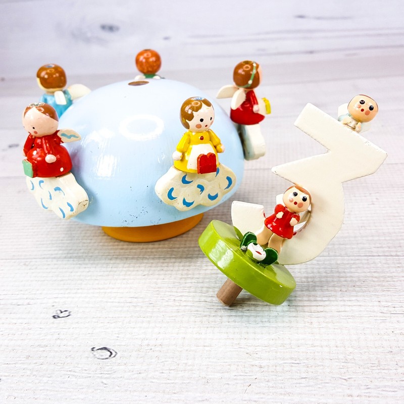 Vintage SEVI Birthday Musical Turning Cake Topper Wood Wood Angels w 3 Italy gallery