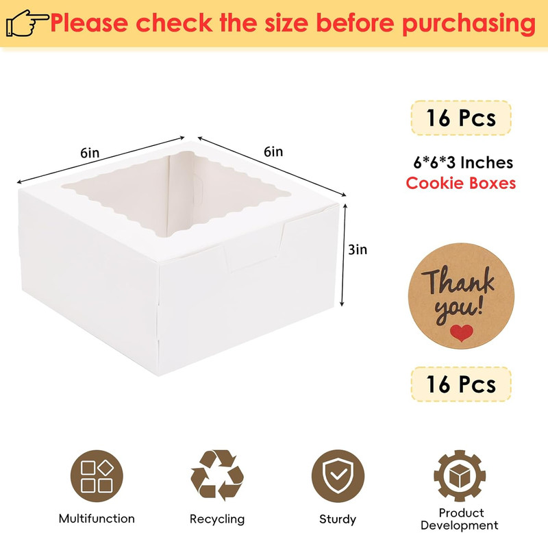 16pcs Cookie Boxes with Window,6x6x3 In White Treat Boxes for Pastries | Bakery gallery