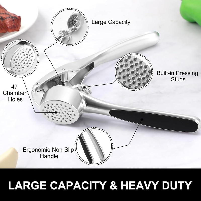 Garlic Press with Silicone Peeler & Brush - Mincer Tool - Easy to Gray gallery