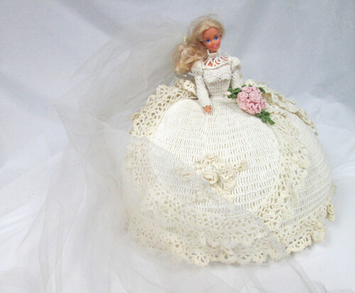 Large Crochet Ivory Beautiful Blond Barbie Doll Cake Topper Approx 14" Round gallery