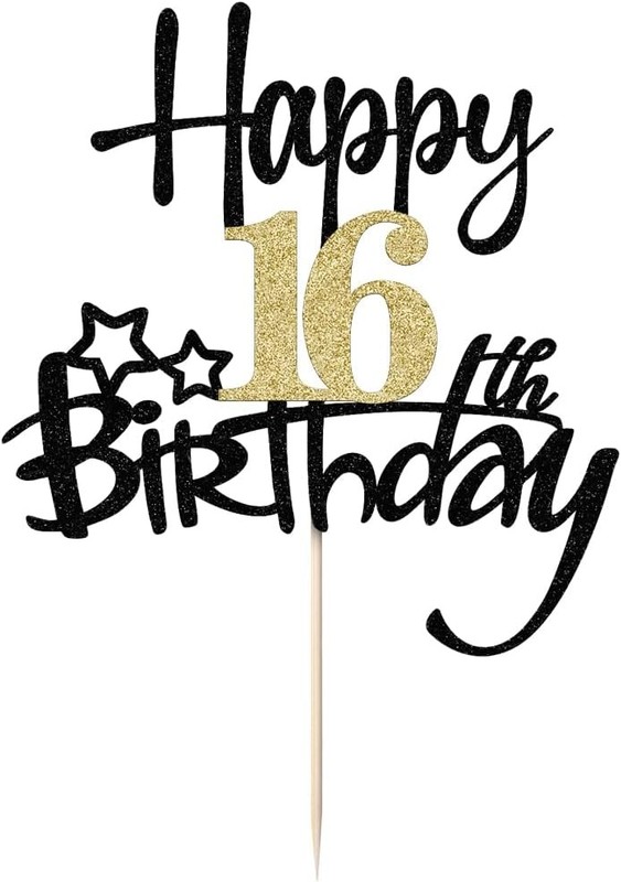 Black Gold Glitter Happy 16th Birthday Cake Topper - Hello 16/Cheers16，Happy gallery