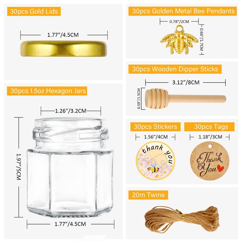 Mini Glass Honey jars-1.5 oz,30 pcs Hexagon Honey Jars with Wooden Dipper,Gol... gallery