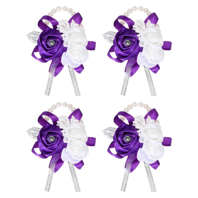 Wrist Corsage Artificial Flower Bracelets Pack of 4 Rose Wrist Purple