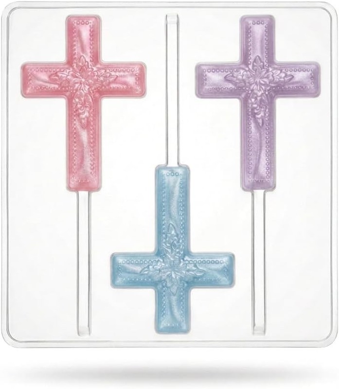 Cross with Flowers Lollipop Chocolate Candy Mold Religious 429 3 Cavity Mold