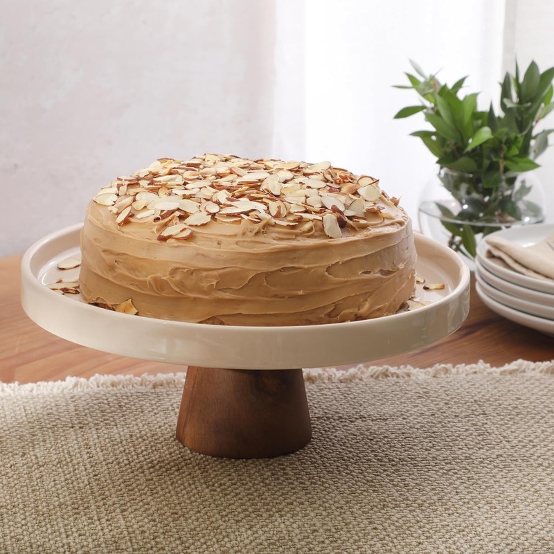 10.7-Inch Stoneware Cake Stand W/ Acacia Wood Base – Taupe Round Dessert Display gallery