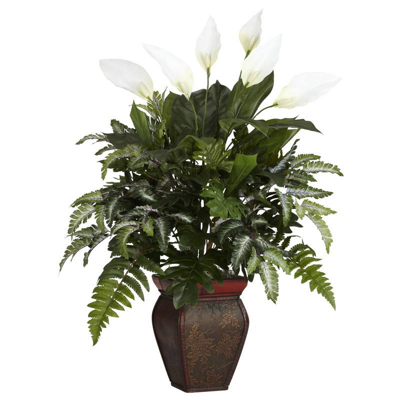 Nearly Natural 6677 Mixed Greens Spathiphyllum And Vase Decorative Silk Plant