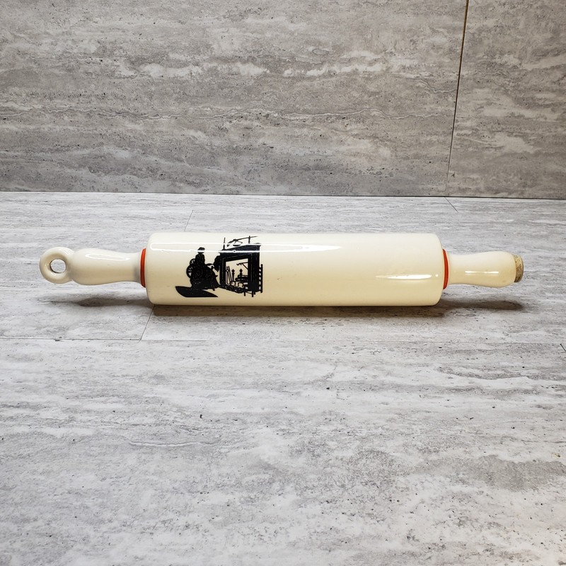 Vintage Hall Ceramic Lady Spinning Wheel Silhouette Water Rolling Pin Collector