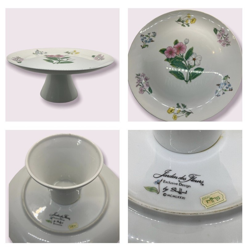 Shafford Porcelain Cake Stand Jardin des Fleurs Floral Flowers 1981 Vintage 10”
