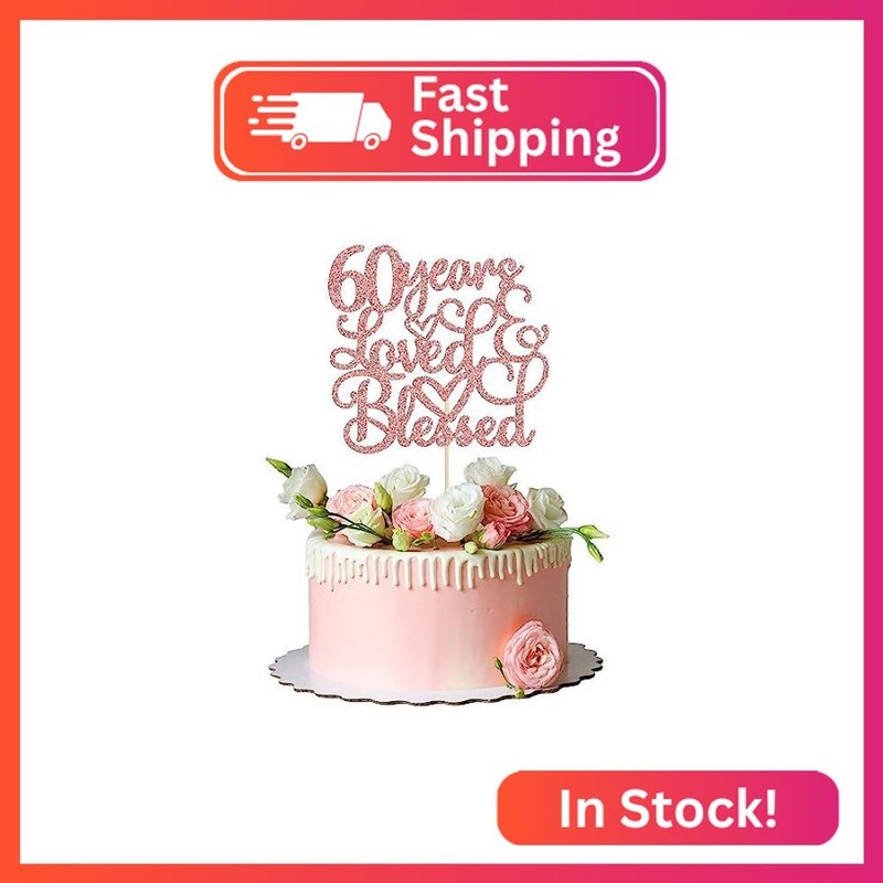 Gyufise 1Pc Rose Gold Glitter 60 Years Love and Blessed Cake Topper Cheers to 60