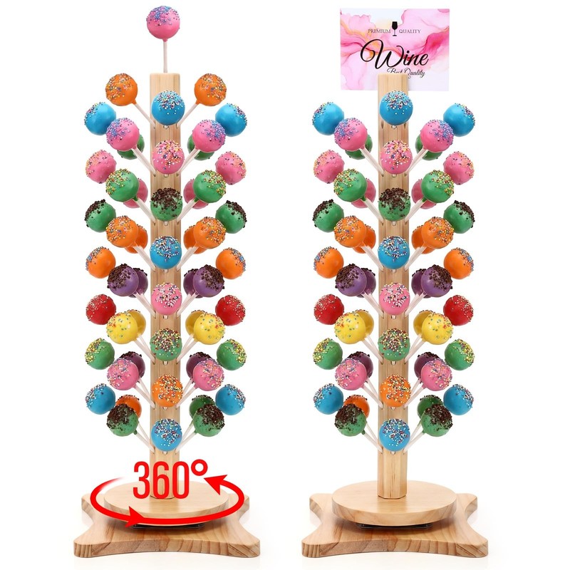 2 Pack Wood Cake Pop Stand with Spinning Base, 50 Holes Wooden Lollipop Tree …