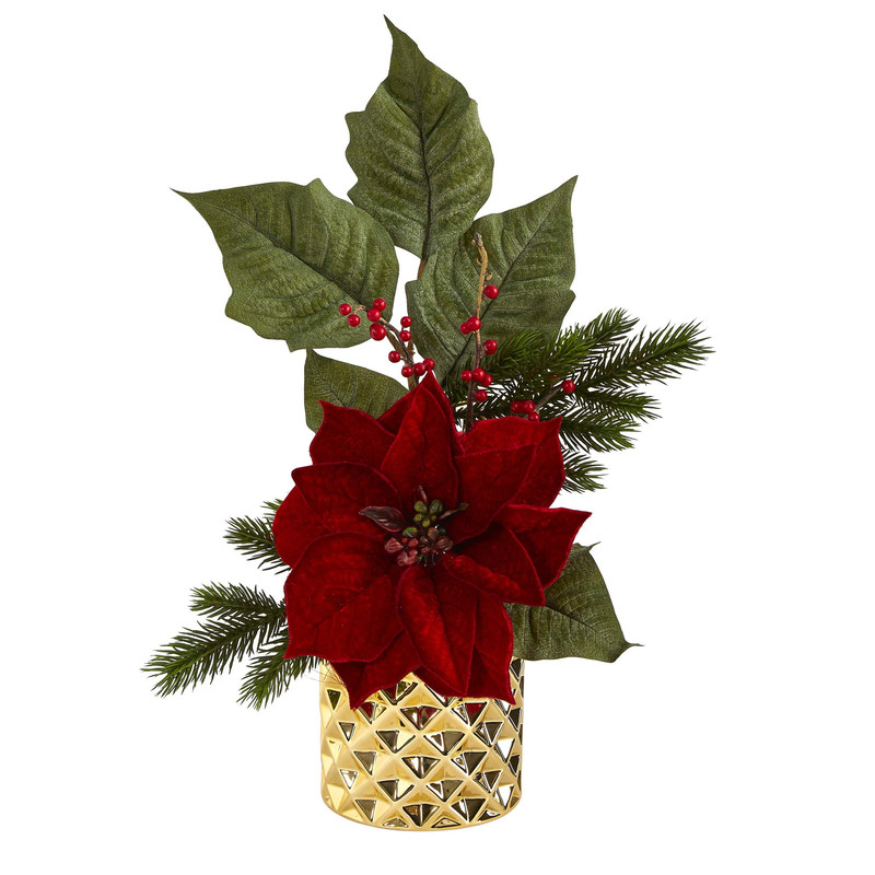 Nearly Natural 21In. Poinsettia Berries And Pine Artificial Arrangement In Gold