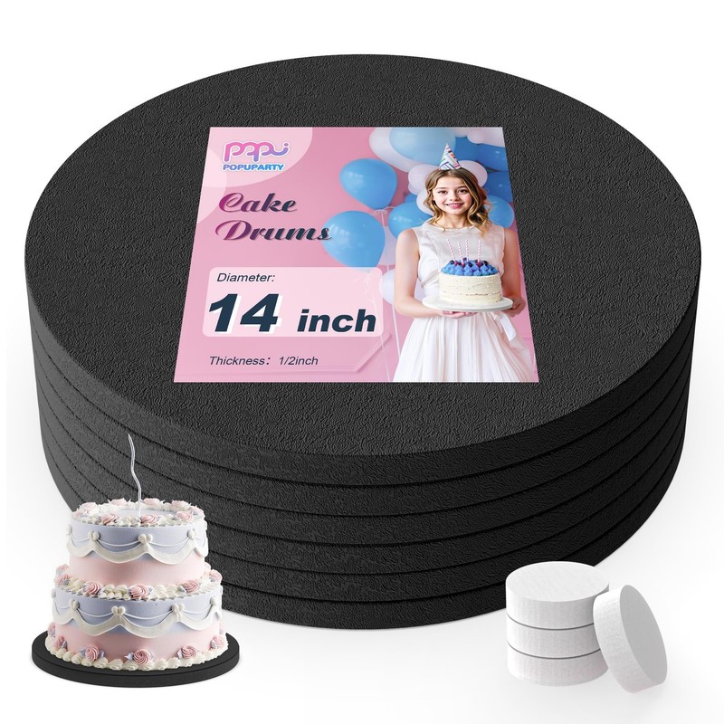 6 PCS Cake Boards 14 Inch Round 1/2 Inch Thick Black Base with Prop Up Tool
