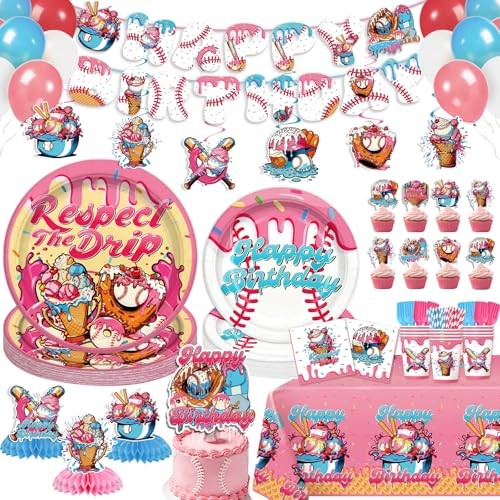 202 Pcs Ice Cream Drip Baseball Birthday Decorations Tableware Set - Service gallery