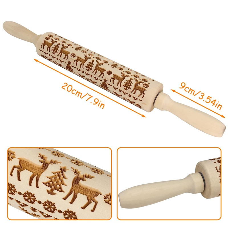 Embossed Wooden Rolling Pin, 3D Engraved Snowflake Elk Deer 15.3in, gallery