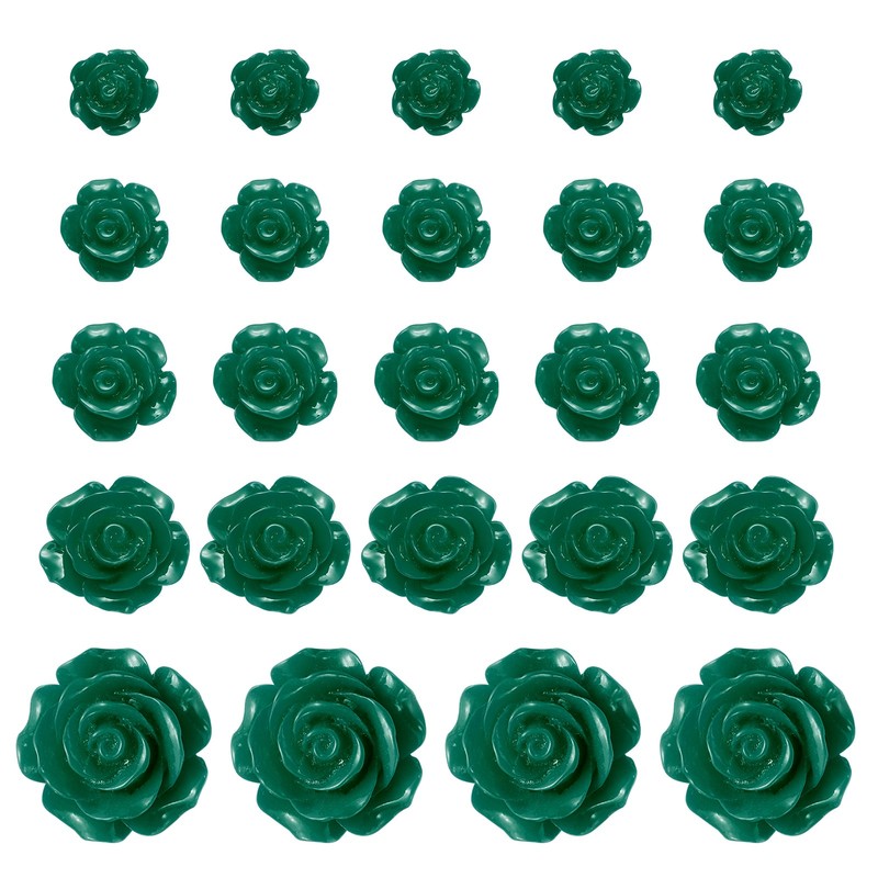 60Pcs Dark Green Resin Rose Flower Beads 5 Size Flatback Flower Charm