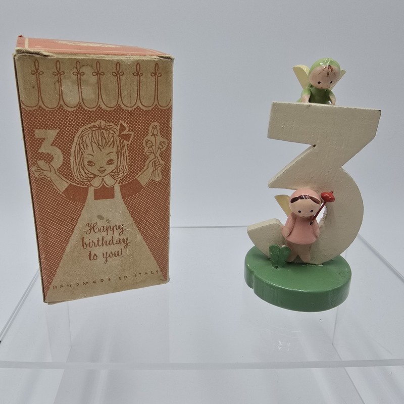 Vintage SEVI Three 3 Birthday Cake Topper 3.5″ Figurine Wood Angels Italy