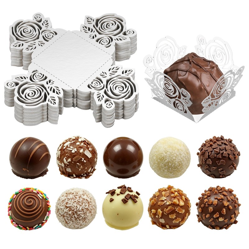 50Pcs 1.4×1.4″ Rose Shape Truffle Wrapper Cupcake Liners for Decor, Silver