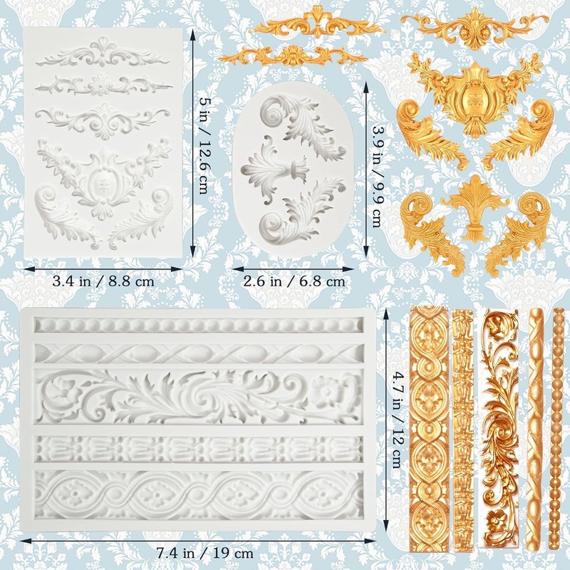 3 Packs Baroque Silicone Molds Scroll Silicone Baroque Mold Clay Molds Fondant M gallery