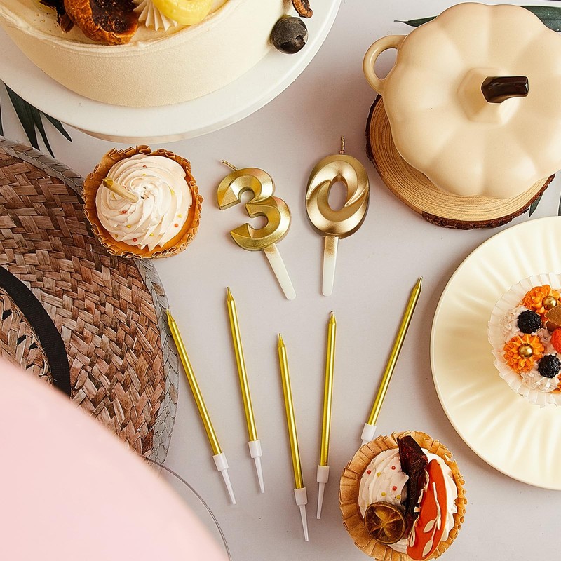 Mtlee Gold 30th Birthday Candles Set for Cakes Including Thin 30, gallery