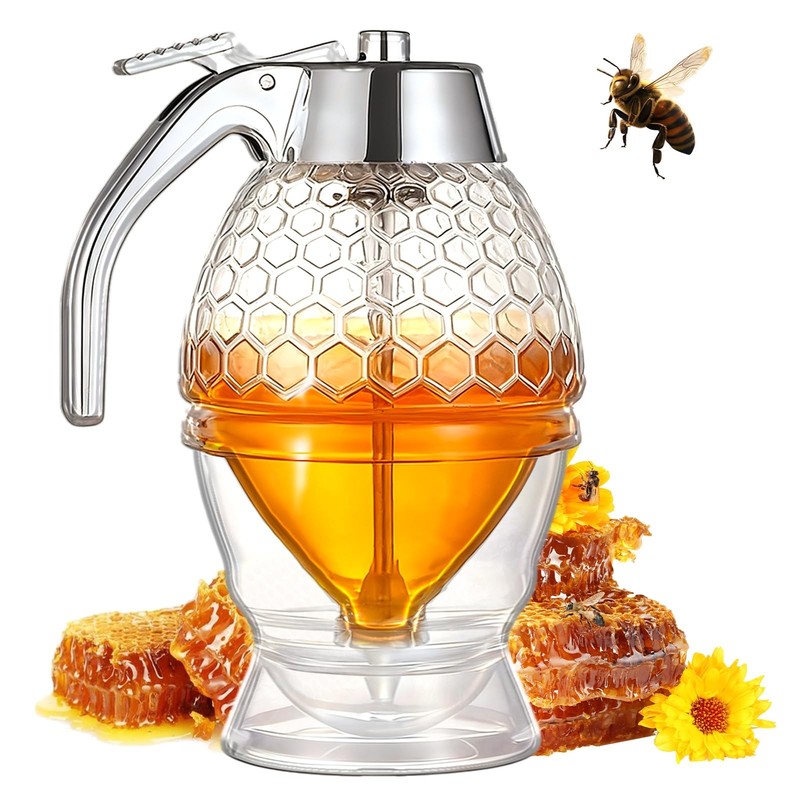 Honey Dispenser – Glass Honey Dispenser No Drip, 8oz Pot with Stand, Maple Sy…