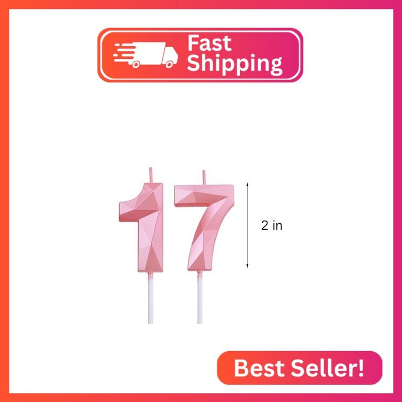 2 inch Pink 17 & 71 Birthday Candles, 3D Diamond Number 17th & 71st Cake Topper gallery