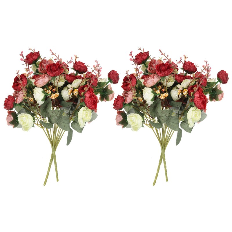 4Pcs 7 Branch 21 Heads Artificial Silk Rose Flower with Stem for Decor, Red