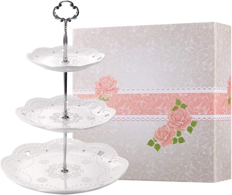 3-Tier Porcelain Cupcake Stand Serving Tray – White Embossed Elegant Dessert Cak