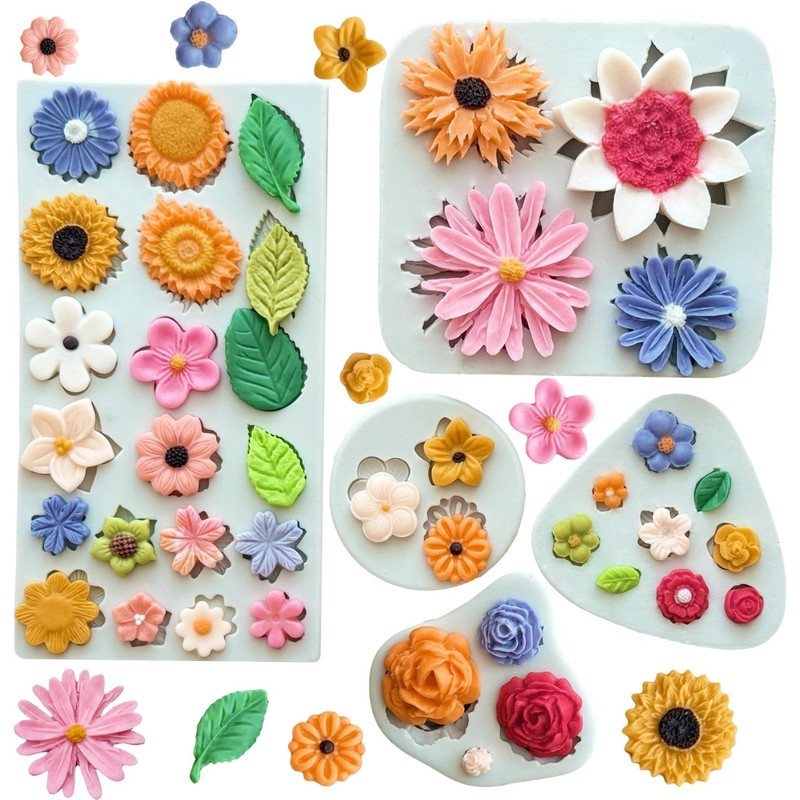 5Pcs Flower Silicone Molds for Cake & Cupcake Decorating - Daisy, Rose, Sunflowe gallery