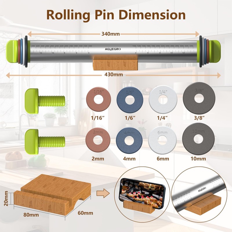 Stainless Steel Rolling Pin with Thickness Rings and Wooden Stand Dough Thick... gallery