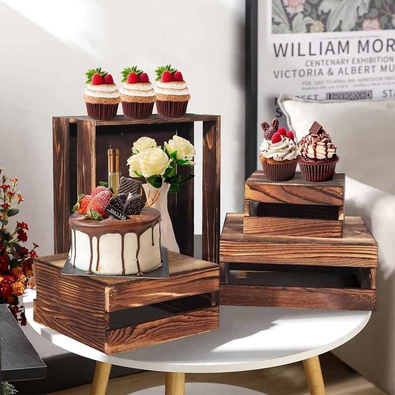 Set of 8 Wooden Cake Stand Risers W/ Signs & Pens Elegant Party Display New gallery