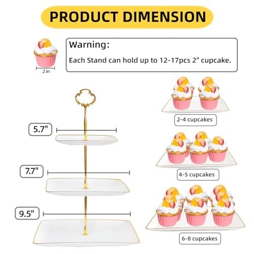 2 Pack 3 Tier Cupcake Stand with Gold Rim - Plastic Dessert Tower Tray for Parti gallery