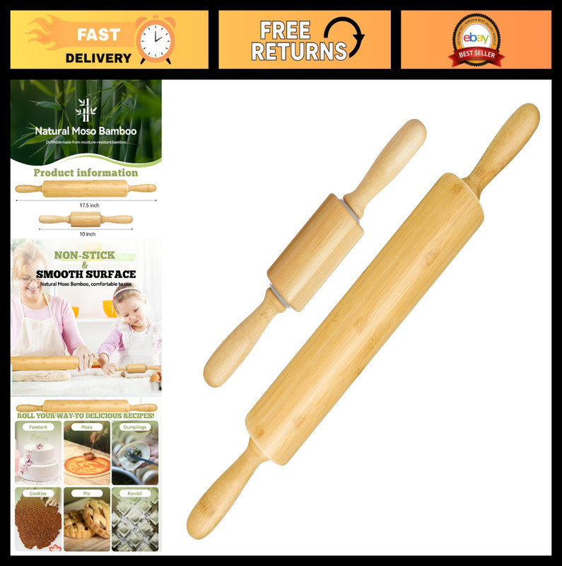 2 Pack Wooden Rolling Pins (10″ & 17.5″) – Perfect for Baking, Dough Rolling & P