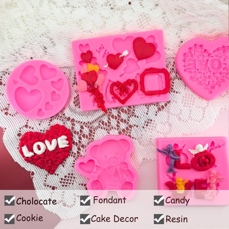 5 PCS Valentine Day Fondant Molds Mini Heart LOVE Angels Rose Bake Decor gallery