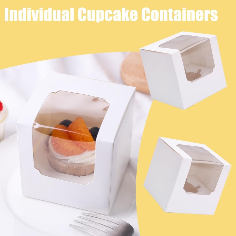 20 PCS White Cupcake Boxes 3.5x3.5x3.5 Inch Individual Containers Window gallery